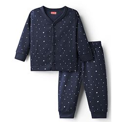 Babyhug Knit Full Sleeves Solid Color Front Open Thermal Vest & Pant Set - Navy Blue