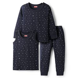 Babyhug Cotton Knit Full Sleeves Star Printed Thermal Wear Set With Vest - Navy Blue