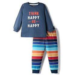 Babyhug Single Jersey Knit Full Sleeves T-Shirt & Joggers Set with Think Happy Be Happy Text Print - Navy Blue
