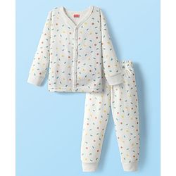 Babyhug Cotton Knit Full Sleeves Thermal Vests & Pant Set with Geometric Print - Offwhite