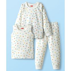 Babyhug Cotton Knit Full Sleeves Thermal Vests & Pant Set with Geometric Print - Offwhite