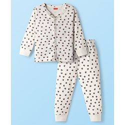 Babyhug Knit Full Sleeves Thermal Vest & Pant Set with Bow Print - Off White