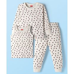 Babyhug Knit Full Sleeves Pullover Thermal Set With Bow Print - Off White