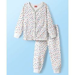Babyhug Knit  Full Sleeves Front Open Thermal Vest And Pant Set With Star Print - Off-White