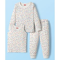 Babyhug  Knit Full Sleeves Thermal Vests & Pant Set with Star Print - Off white