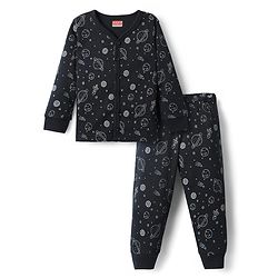 Babyhug Knit  Full Sleeves Front Open Thermal Vest And Pant Set  With Space  Print - Navy Blue