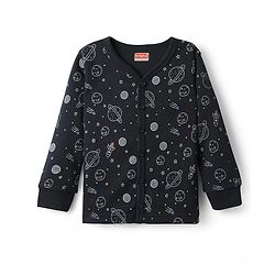 Babyhug Knit  Full Sleeves Front Open Thermal Vest And Pant Set  With Space  Print - Navy Blue