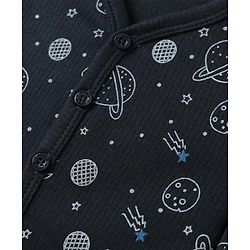Babyhug Knit  Full Sleeves Front Open Thermal Vest And Pant Set  With Space  Print - Navy Blue