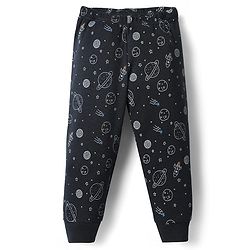 Babyhug Knit  Full Sleeves Front Open Thermal Vest And Pant Set  With Space  Print - Navy Blue