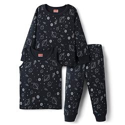 Babyhug  Knit Full Sleeves Thermal Vests & Pant Set with Space Print - Navy Blue