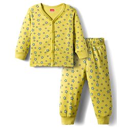 Babyhug Knit Full Sleeves Front Open Thermal Co-Ord Set With Star Print - Lime Green