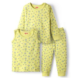 Babyhug Cotton Knit Full Sleeves Star Printed Thermal Wear Set With Vest - Lime Green