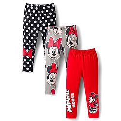 Babyhug Disney Cotton Knit Full Length Leggings With Minnie Mouse Graphics Pack Of 3 - Red Black & Grey