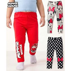 Babyhug Disney Cotton Knit Full Length Leggings With Minnie Mouse Graphics Pack Of 3 - Red Black & Grey