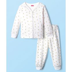 Babyhug Cotton Knit Full Sleeves Front Open Thermal Inner Wear Set with Floral Print - Offwhite