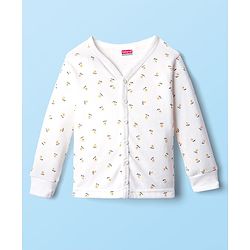 Babyhug Cotton Knit Full Sleeves Front Open Thermal Inner Wear Set with Floral Print - Offwhite