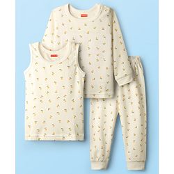 Babyhug Cotton Knit Full Sleeves Thermal Inner Wear Set with Sando Vest & Floral Print - Offwhite