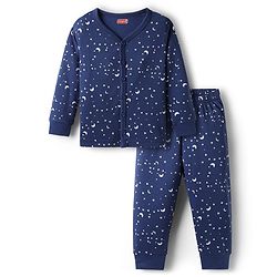 Babyhug Cotton Knit Full Sleeves Front Open Star Printed Thermal Wear Jhabla & Pant Set - Navy Blue