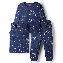 Babyhug Cotton Knit Full Sleeves Star Printed Thermal Wear Set With Vest - Navy Blue