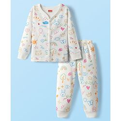 Babyhug Knit  Full Sleeves Front Open Thermal Vest And Pant Set With Animal Print - Off-White