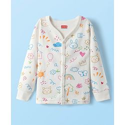 Babyhug Knit  Full Sleeves Front Open Thermal Vest And Pant Set With Animal Print - Off-White
