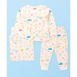 Babyhug  Knit Full Sleeves Thermal Set with Animal Print - Off-White