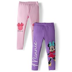 Babyhug Disney Cotton Knit Full Length Leggings With Minnie Mouse Graphics Pack Of 2 - Purple & Pink