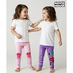 Babyhug Disney Cotton Knit Full Length Leggings With Minnie Mouse Graphics Pack Of 2 - Purple & Pink
