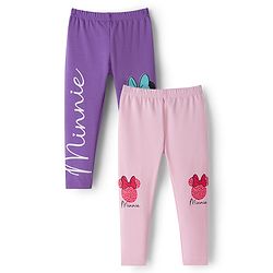 Babyhug Disney Cotton Knit Full Length Leggings With Minnie Mouse Graphics Pack Of 2 - Purple & Pink