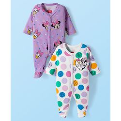 Babyhug Disney Full Sleeves Footed Sleep Suit With Minnie & Friends Graphics Pack Of 2 - Purple & White