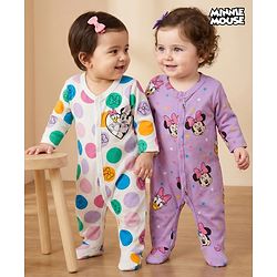 Babyhug Disney Full Sleeves Footed Sleep Suit With Minnie & Friends Graphics Pack Of 2 - Purple & White