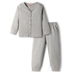Babyhug Knit Full Sleeves Solid Front Open Thermal Set - Light Grey