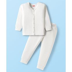 Babyhug Knit Full Sleeves Solid Color Thermal Vest & Pant Set - Off White