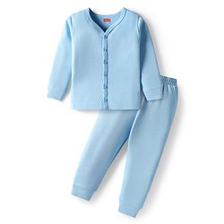 Babyhug Knit Full Sleeves Solid Color Thermal Vest & Pant Set - Light Blue
