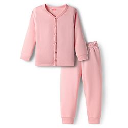 Babyhug Cotton Knit Full Sleeves Front Open Solid Coloured Thermal Wear Jhabla & Pant Set - Pink