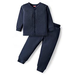 Babyhug Knit Full Sleeves Solid Color Thermal Vest & Pant Set - Navy Blue