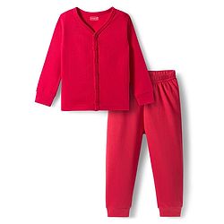 Babyhug Knit Full Sleeves Front Open Solid Thermal Vest & Pant Set - Red