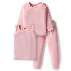 Babyhug Knit Full Sleeves Solid Pullover Thermal Set with Vest - Pink