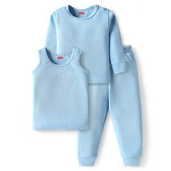 Babyhug Knit Full Sleeves Solid Color Thermal Vests & Pant Set - Light Blue