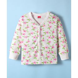 Babyhug Knit Full Sleeves Front Open Thermal Co-Ord Set With Floral Print - Off White