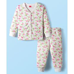Babyhug Knit Full Sleeves Front Open Thermal Co-Ord Set With Floral Print - Off White