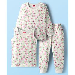 Babyhug Cotton Knit Full Sleeves Floral Printed Thermal Wear Set With Vest - Off White