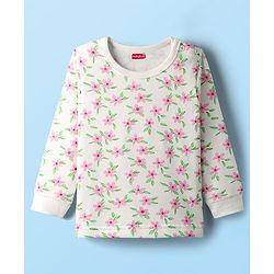 Babyhug Cotton Knit Full Sleeves Floral Printed Thermal Wear Set With Vest - Off White