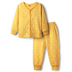 Babyhug Knit Full Sleeves Front Open Thermal Set With Star Print - Yellow