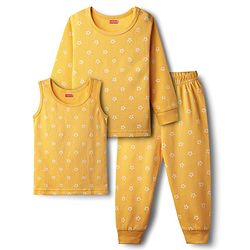 Babyhug Knit Full Sleeves Pullover Thermal Set With Star Print - Yellow