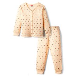 Babyhug Knit Full Sleeves Front Open Thermal Vest & Pant Set with Star Print - Peach
