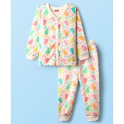 Babyhug Knit  Full Sleeves Front Open Thermal Vest And Pant Set With Text  Print - Off-White