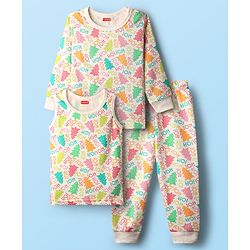 Babyhug  Knit Full Sleeves Thermal Vests & Pant Set with Text  Print - Off-White
