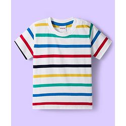 Babyhug Single Jersey Knit Half Sleeves T-Shirt & Shorts Set With Stripes & Vehicle Print - White & Navy Blue