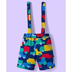 Babyhug Single Jersey Knit Half Sleeves T-Shirt & Shorts Set With Stripes & Vehicle Print - White & Navy Blue